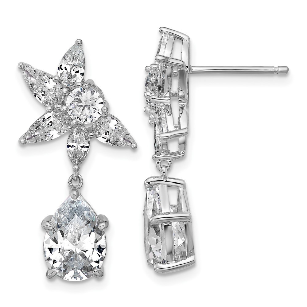 925 Sterling Silver Rh-Plated Polished Fancy Multi-Cut Cz Post Dangle Earrings